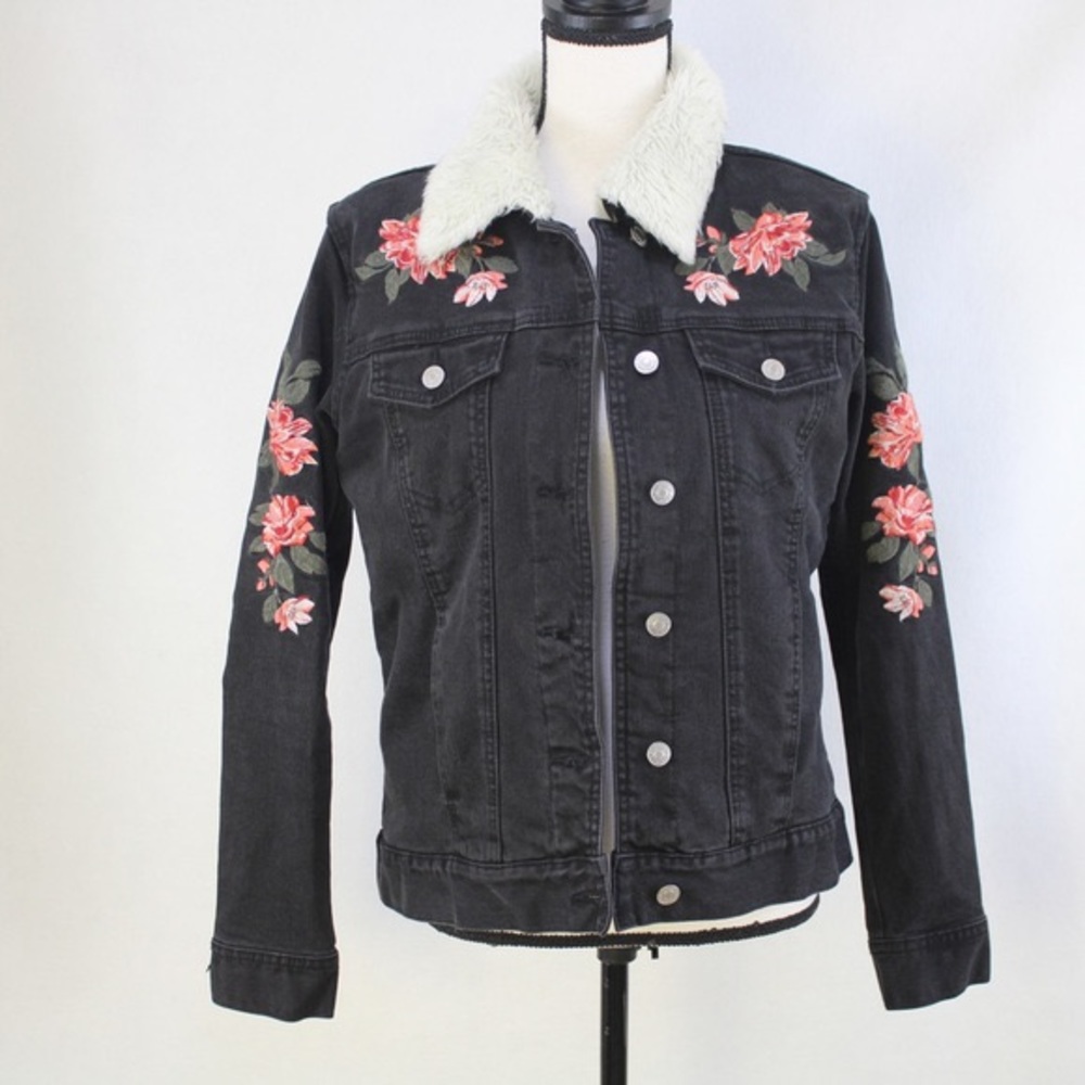 Rose embroidery denim fur lined jacket